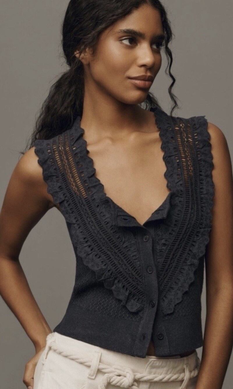 Anthropologie Pilcro Navy Crafted Bib Sweater Tank Top Lace Trim L Boho